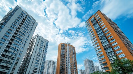 Fototapeta premium Low-angle view of modern apartment buildings, light gray and orange facades, against a partly cloudy blue sky