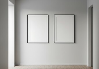 Mockup two empty picture frames hanging on a light gray wall in a hallway commercial usage