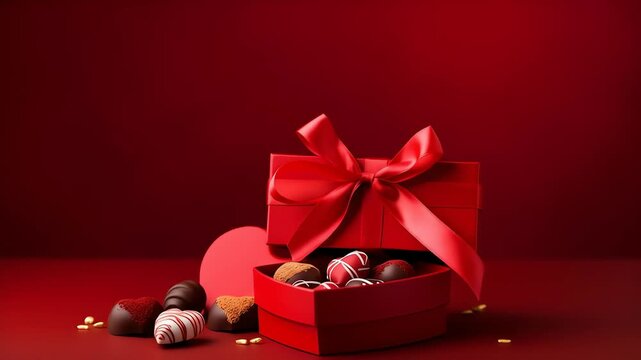 Red gift box with chocolates and ribbon on a red surface