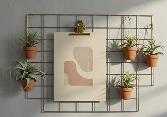 Mockup modern interior design with abstract art and potted plants on a grid wall commercial usage