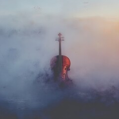 melancholic cello in mist: a dreamlike poster for serene interiors, capturing soft fog, pastel tones, and poetic light leaks for a nostalgic atmosphere