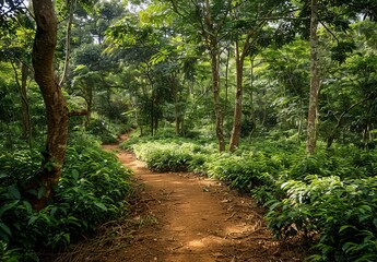 Lush, sunlit forest path through coffee plants