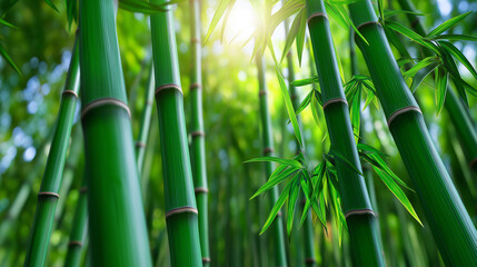 Lush green bamboo forest with sunlight shining through the leaves.  

