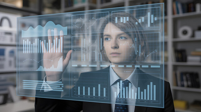 Woman in suit interacting with transparent screen displaying graphs and data visualizations indoors