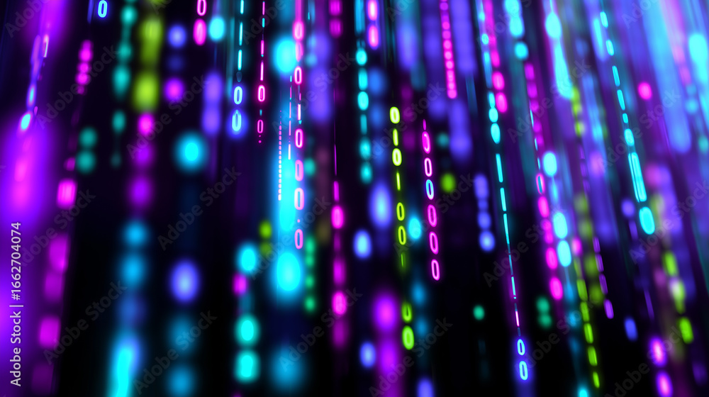 Poster glowing vertical lines of multicolored light particles creating a futuristic digital rain effect.