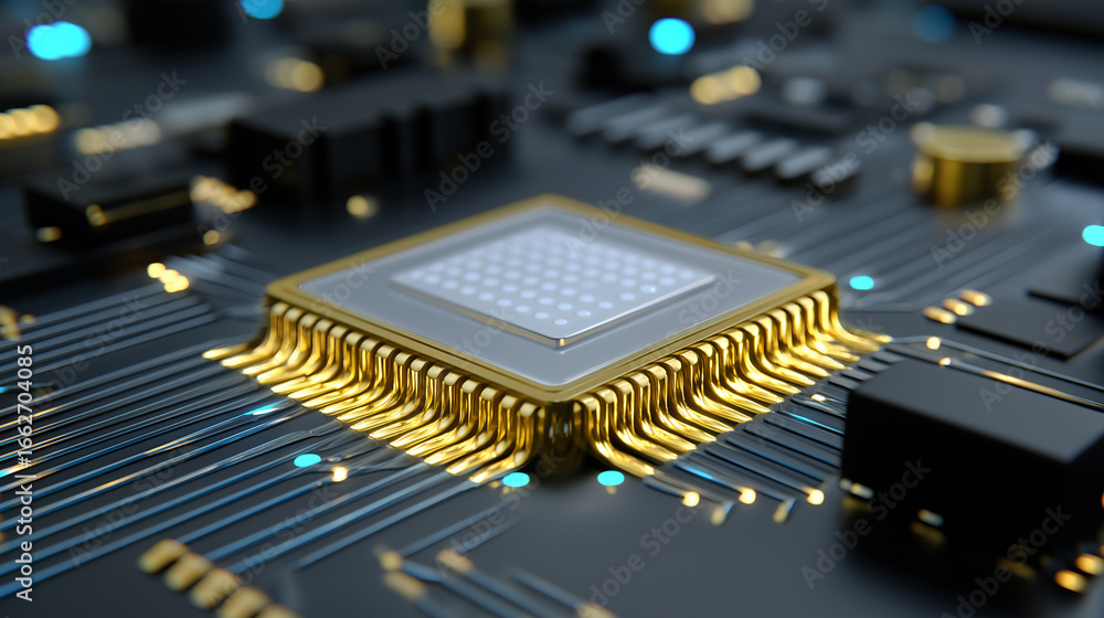 Aufkleber close-up of a golden microchip on dark motherboard symbolizing advanced computing power.