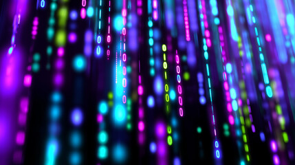 Glowing vertical lines of multicolored light particles creating a futuristic digital rain effect.  
