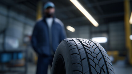 Close-up of a car tire tread in a garage with a mechanic standing in the background.  
