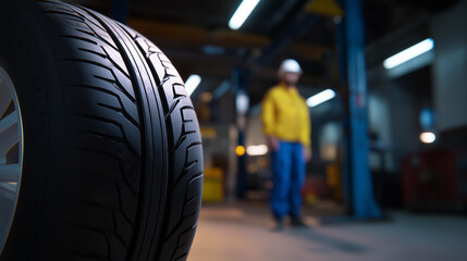 Close-up of a car tire tread in a garage with a mechanic standing in the background.  
