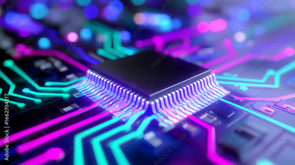 Aufkleber glowing microchip on colorful neon circuit board representing futuristic digital technology.