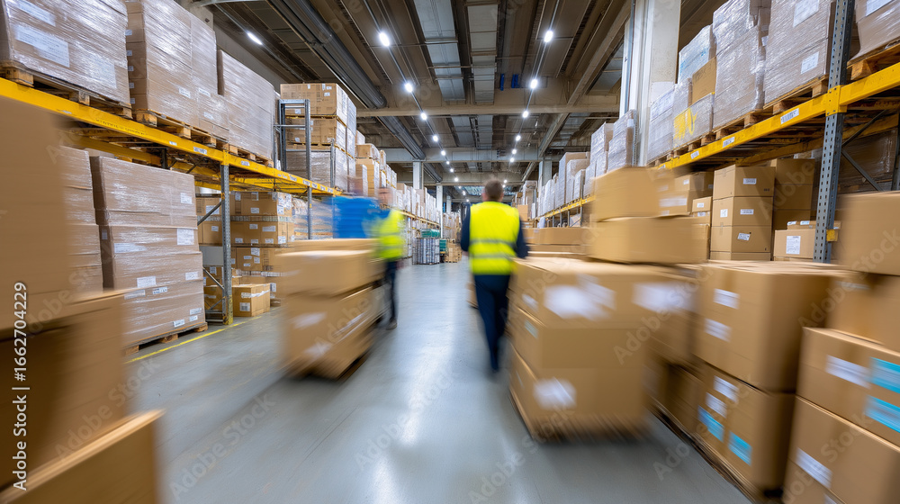 Poster warehouse workers in motion handling packages and boxes in busy distribution center.