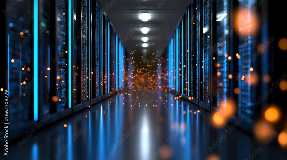 Aufkleber modern data center hallway with blue server lights and digital sparks representing data flow.