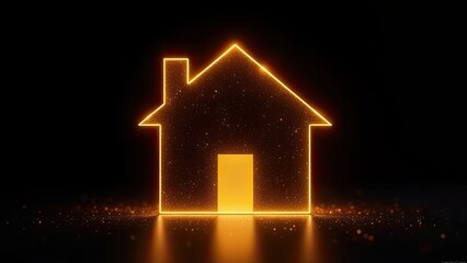 Transparent gold luminous symbol of house on black  background with golden glitter. Real estate, realtor, mortgage, insurance, booking, construction, insulation, heating.
