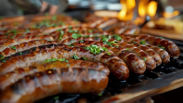 Rows of glistening grilled sausages topped with fresh herbs on a barbecue grill