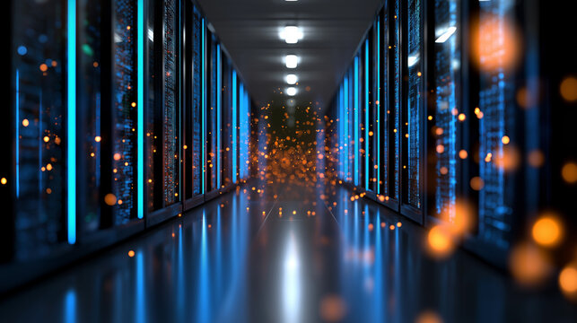Modern data center hallway with blue server lights and digital sparks representing data flow.  
