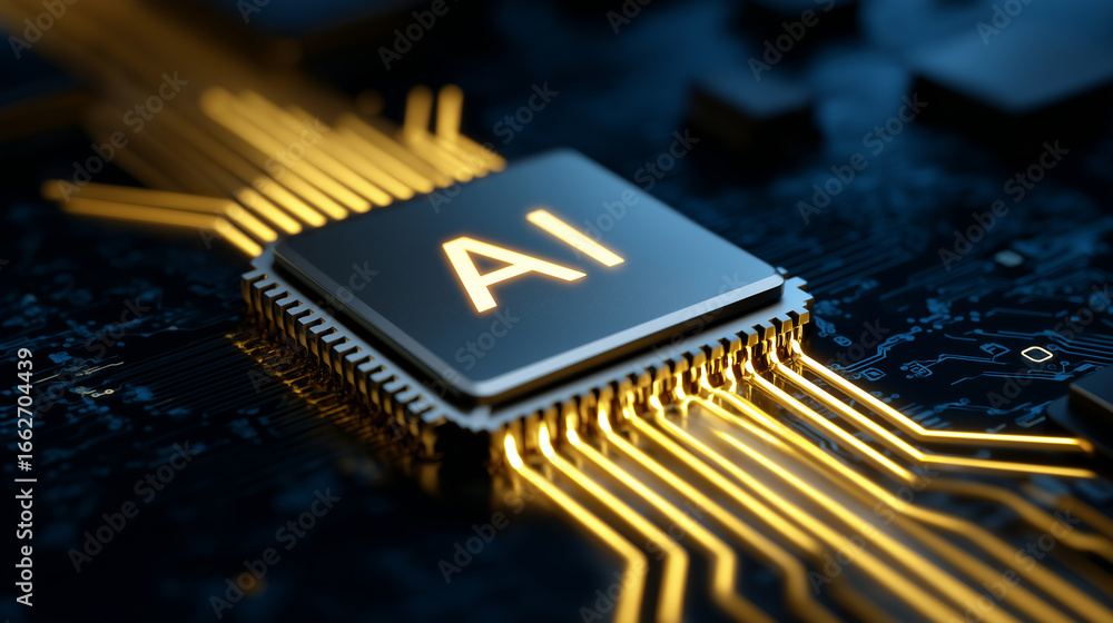 Poster glowing ai microchip on a dark motherboard representing artificial intelligence technology.