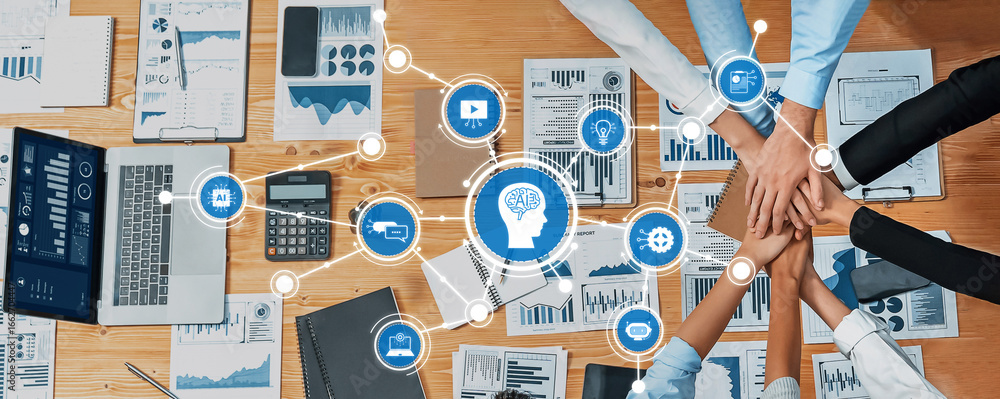 Poster a diverse group of professionals collaborates on an ai project, analyzing data and strategizing in a