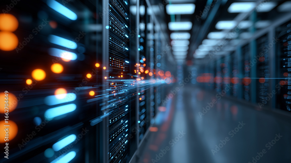 Poster high-speed data transfer between servers in a futuristic data center corridor.