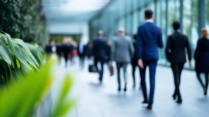 Businessmen walking through bright modern office hallway with glass walls and green plants.  
