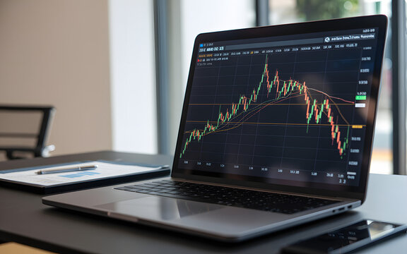 Laptop displaying stock market chart with pen and paper on a desk in a bright office space