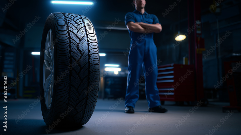 Poster tire standing upright in foreground with auto mechanic in background inside a garage.