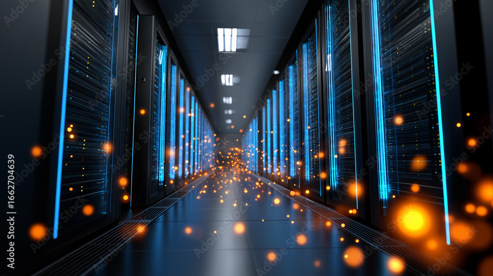 Poster high-speed data transfer between servers in a futuristic data center corridor.