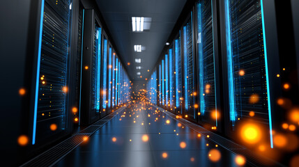 High-speed data transfer between servers in a futuristic data center corridor.  
