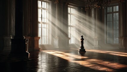 Sunlit grand hall with solitary dark chess piece