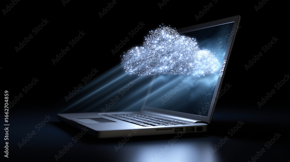 Poster 3d digital cloud emerging from laptop symbolizing cloud computing and online storage.
