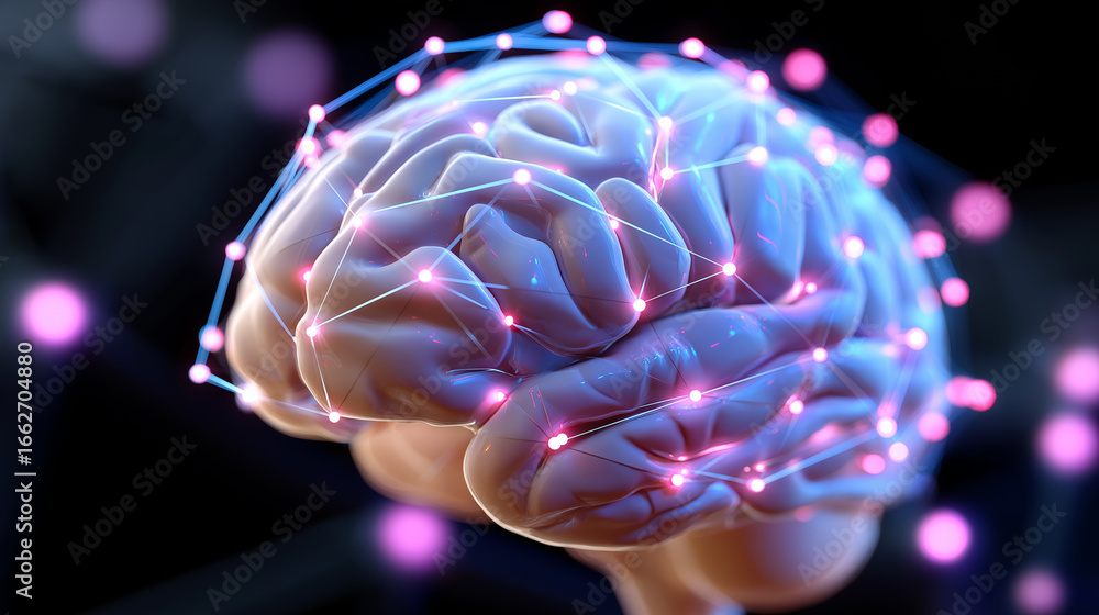Aufkleber 3d rendering of a human brain with glowing neural connections and data nodes.