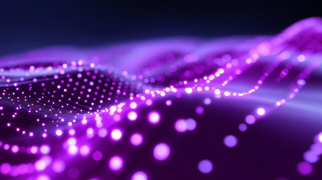 Abstract digital wave made of glowing purple particles on a dark background.  
