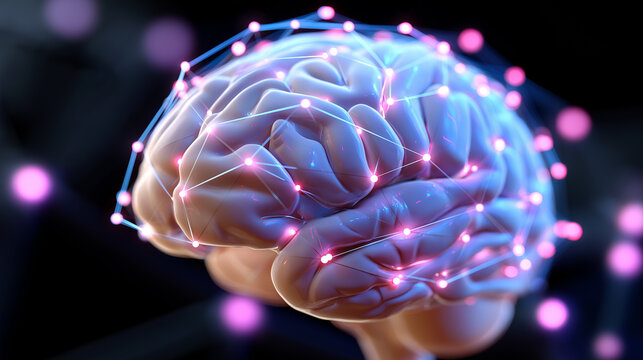 3D rendering of a human brain with glowing neural connections and data nodes.  
