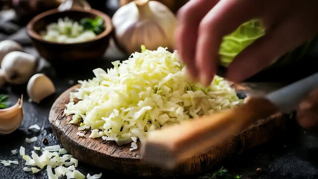 Shredded cabbage on a wooden board with garlic and mushrooms