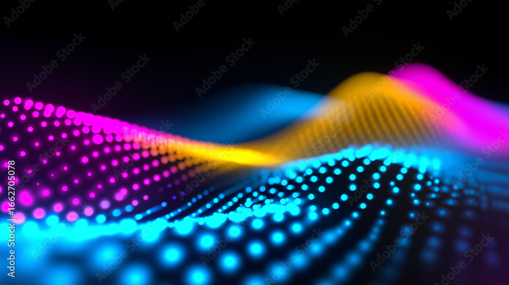 Aufkleber colorful wave of glowing led dots on black background creating futuristic digital pattern.