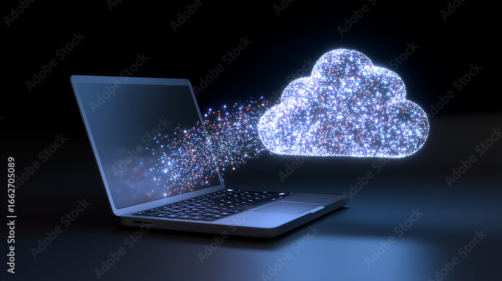 Poster 3d cloud downloading data into a laptop symbolizing cloud technology and digital transfer.