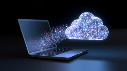 3D cloud downloading data into a laptop symbolizing cloud technology and digital transfer.  
