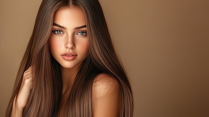Naklejka premium Young Woman with Long Straight Brunette Hair and Striking Green Eyes Against a Solid Background 