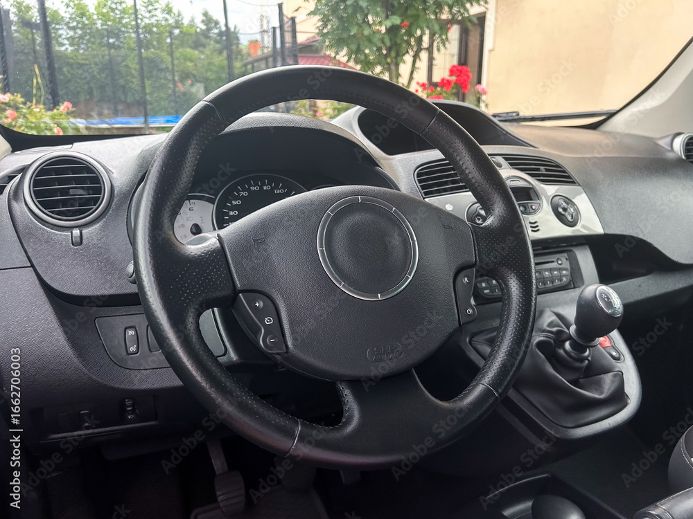 Poster modern car interiors feature a beautifully crafted steering wheel and an advanced control dashboard,