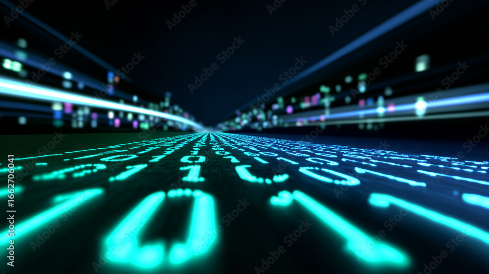 Poster futuristic digital binary code background with glowing red laser lines in perspective.