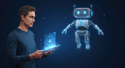 Abstract AI robot hologram emerging from a tablet, low-poly man holding device with chatbot mascot in wireframe tech style on a digital blue background.
