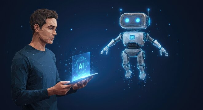 Abstract AI robot hologram emerging from a tablet, low-poly man holding device with chatbot mascot in wireframe tech style on a digital blue background.
