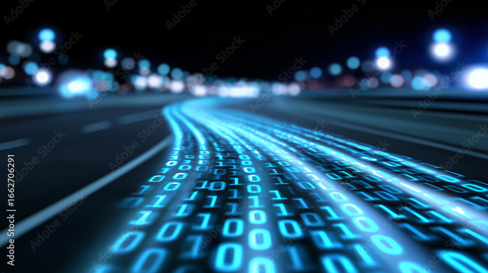 Poster futuristic digital binary code background with glowing red laser lines in perspective.
