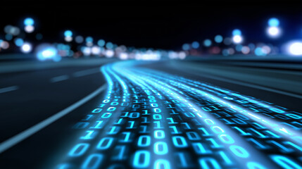 Futuristic digital binary code background with glowing red laser lines in perspective.
