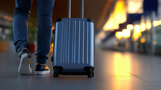 Traveler pulling a suitcase inside an airport terminal with blurred lights in the background.
