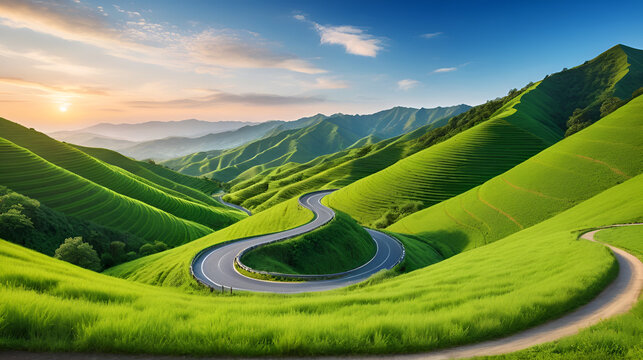 A winding road curves through lush green hills and mountains. The landscape features rolling hills, abundant greenery, and a clear sky. The image is high-resolution, showcasing vibrant colors and exc
