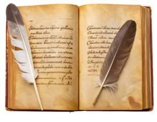 old book with feather pen and inkwell