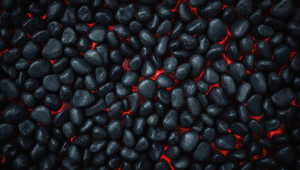 Black pebbles with red glowing cracks, resembling lava or fire, creating a unique texture.