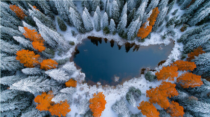Aerial view of frozen winter forest with lake surrounded by snowy pine trees and orange autumn foliage. 
