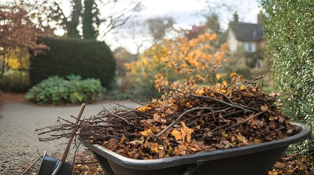 Autumn Garden Cleanup Wheelbarrow Full of Leaves and Branches
