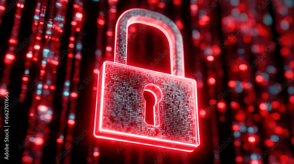 Poster glowing red digital padlock symbolizing cybersecurity and data protection.